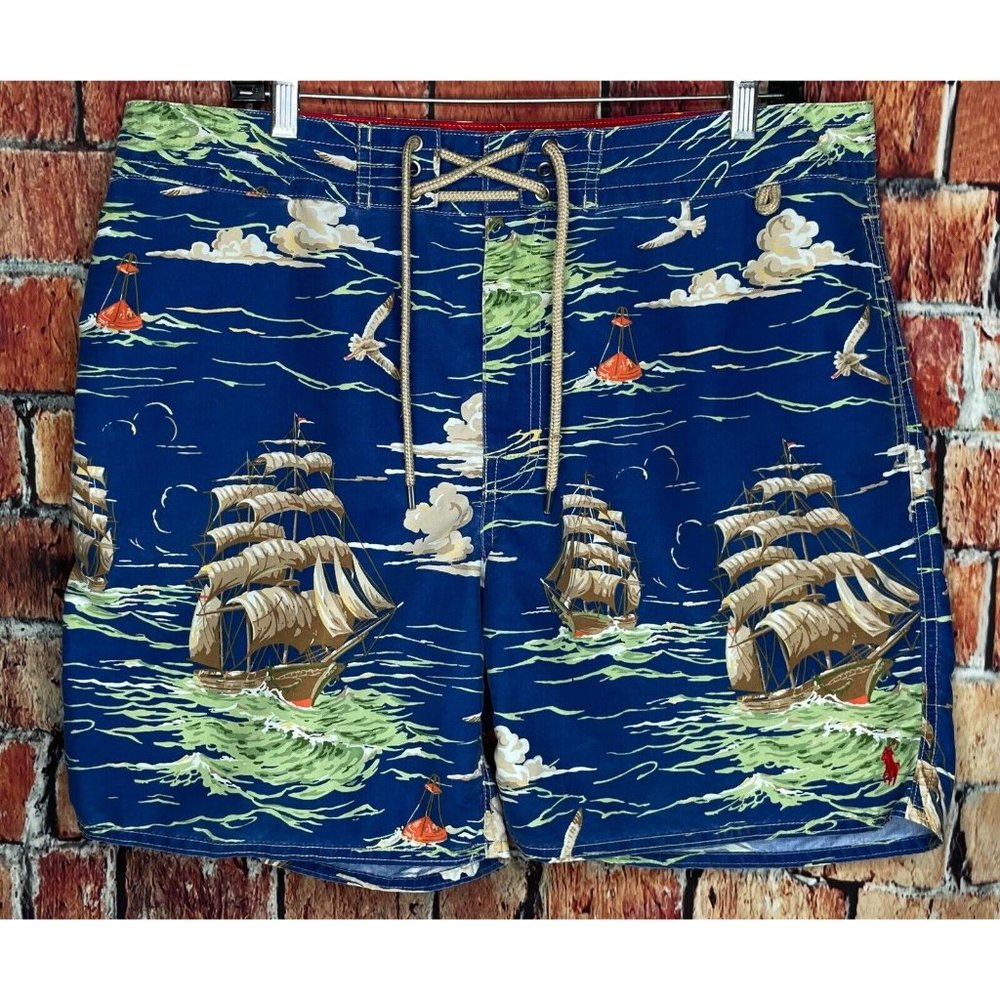 Polo Ralph Lauren Swimwear Trunks Board Shorts Sailboat Ocean Blue Pockets Sz 34